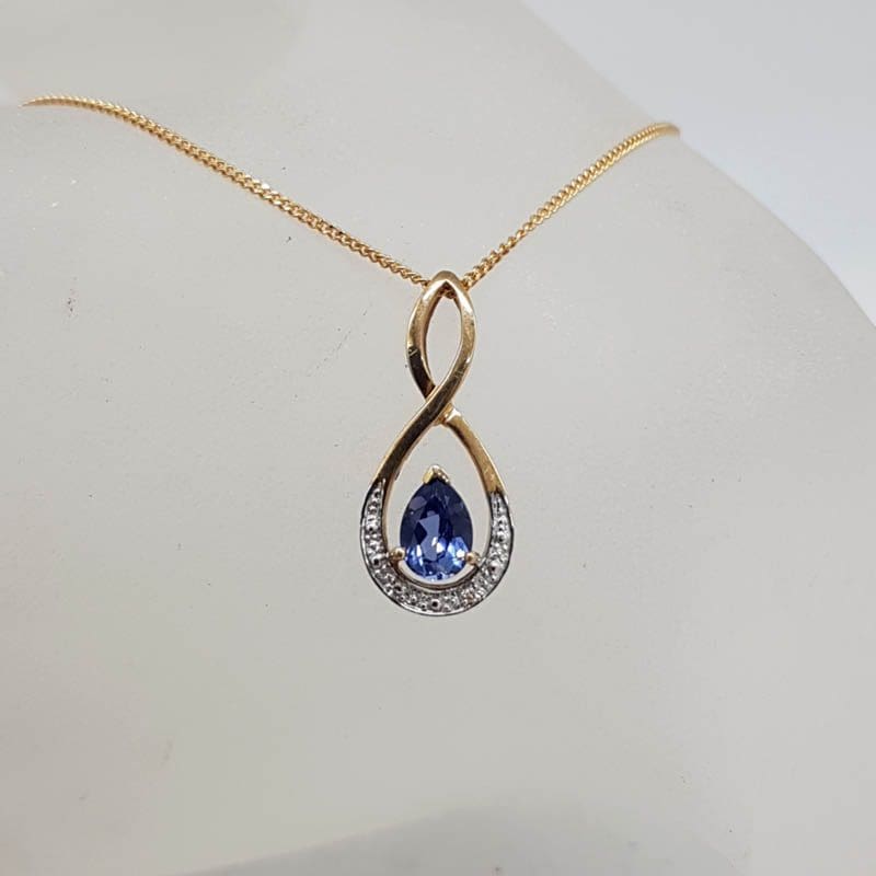 9ct Yellow Gold Created Sapphire with Diamond Teardrop Shape Pendant on Gold Chain with Matching Earrings - Set
