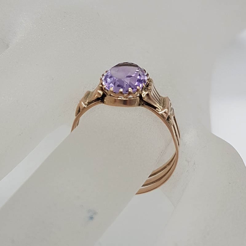 9ct Yellow Gold Oval Amethyst Wide Band Ornate Ring - Antique / Vintage
