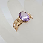 9ct Yellow Gold Oval Amethyst Wide Band Ornate Ring - Antique / Vintage