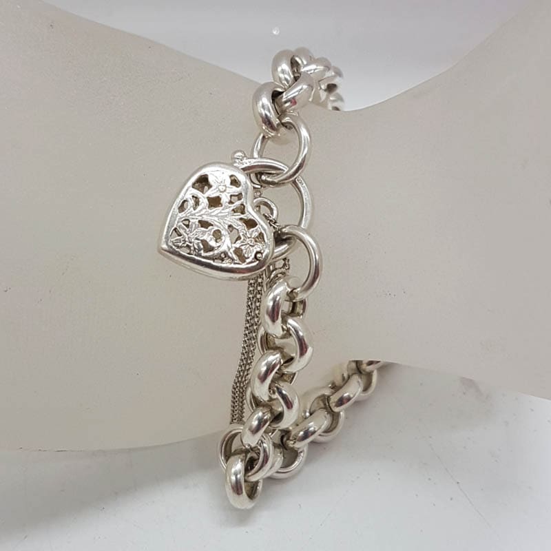 Sterling Silver Belcher Link Ornate Filigree Heart Padlock Bracelet - Vintage