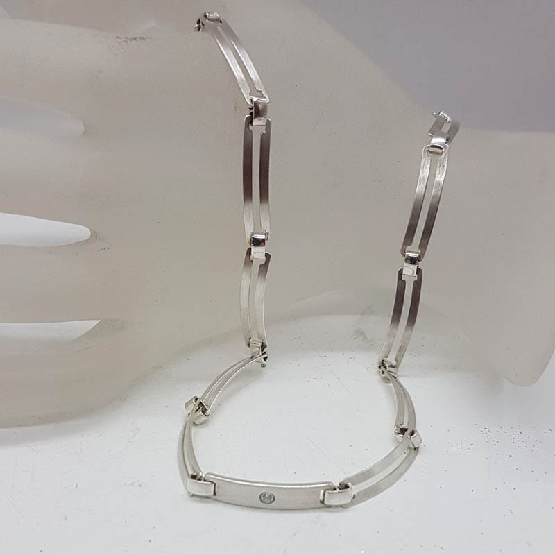 Sterling Silver Rectangular Elongated Link with Cubic Zirconia Chain / Necklace
