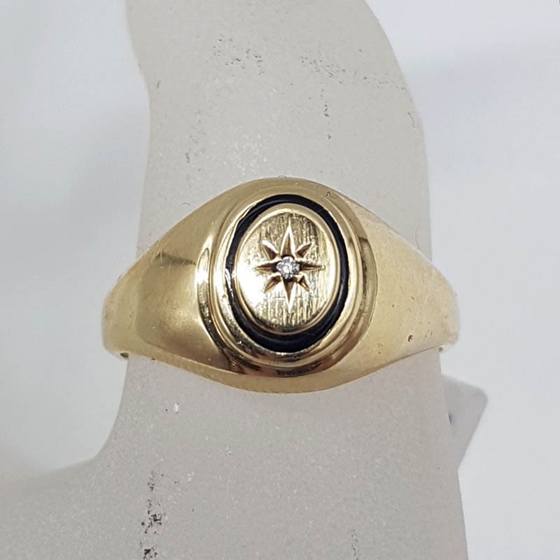 9ct Yellow Gold Oval Black Rimmed with Diamond Ring - Signet Ring / Gents Ring / Ladies Ring