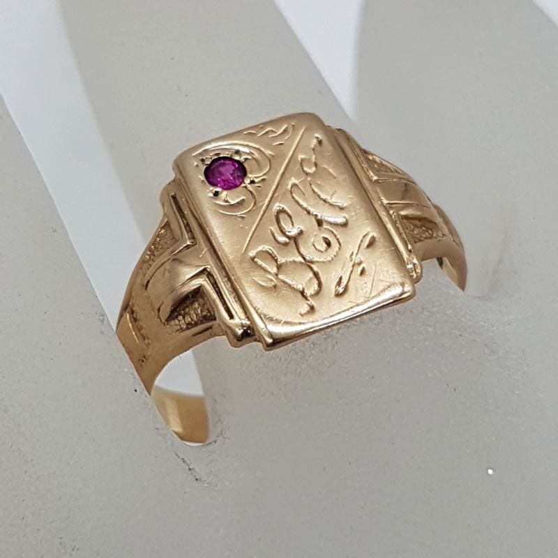 9ct Yellow Gold Rectangular with Red Monogrammed Signet Ring - Gents Ring / Ladies Ring - Antique / Vintage