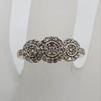 9ct Yellow Gold Three Round Daisy Clusters Diamond Trilogy Ring - Large Size