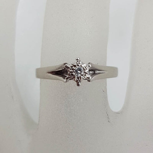 18ct White Gold Star Top Diamond Solitaire High Set Ring - Antique / Vintage - Engagement Ring