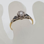 18ct Yellow Gold & Platinum Diamond Solitaire with Two Natural Sapphires along side in Antique / Vintage Ring
