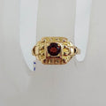 18ct Yellow Gold Round Garnet in Square Ornate Design Ring - Antique / Vintage