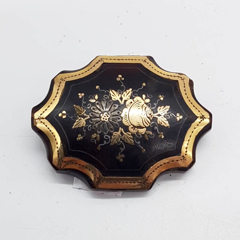 Yellow Gold Inlaid Tortoise Shell Pique Ornate Floral Victorian Brooch - Antique / Vintage