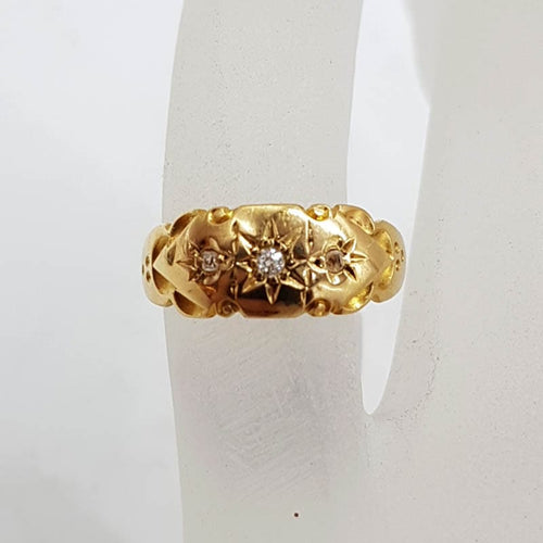 18ct Yellow Gold Trilogy Diamond Ornate Hallmarked Gypsy Ring - Antique / Vintage