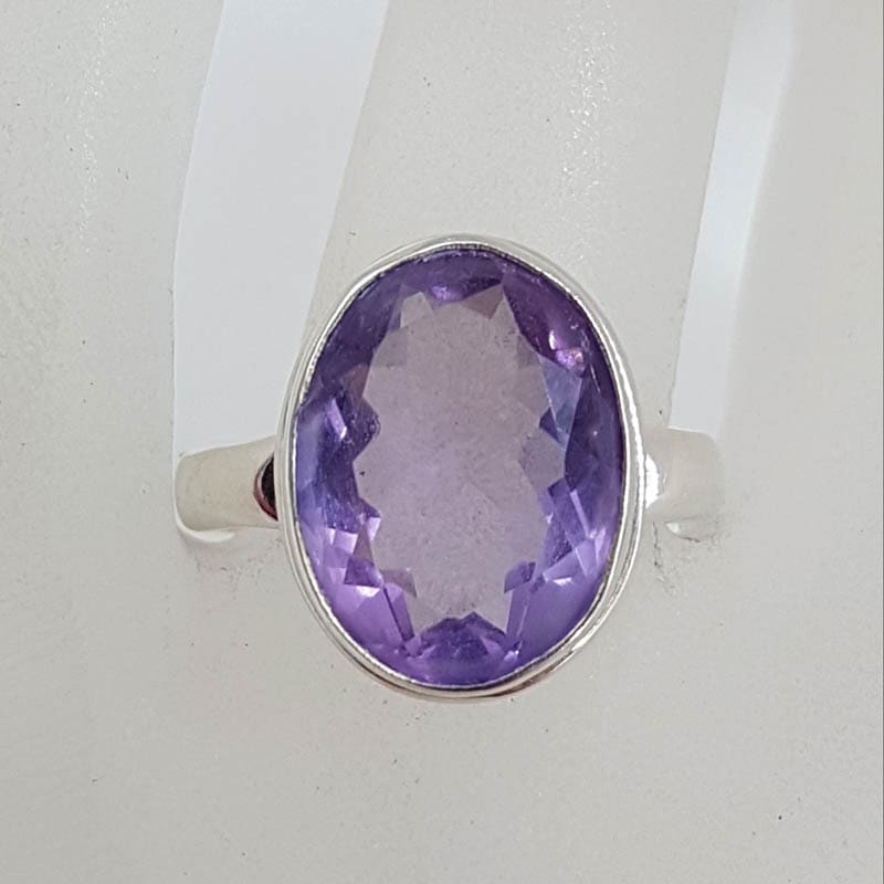 Sterling Silver Large Oval Bezel Set Amethyst Ring