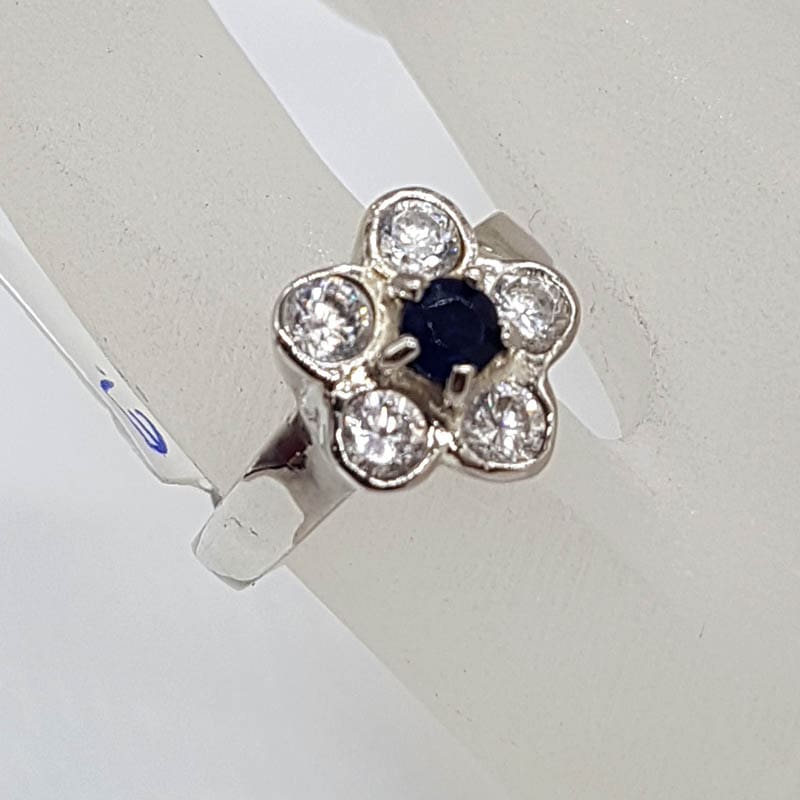 Sterling Silver Cubic Zirconia Blue and Clear Flower Ring - Vintage