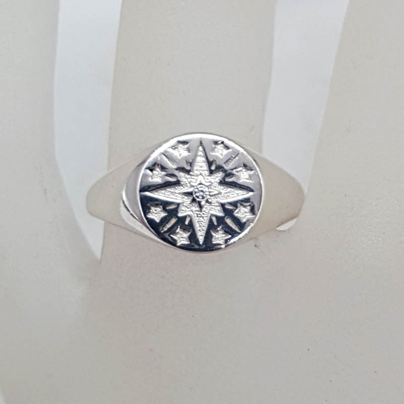 Sterling Silver Cubic Zirconia Round Star Design Signet Ring