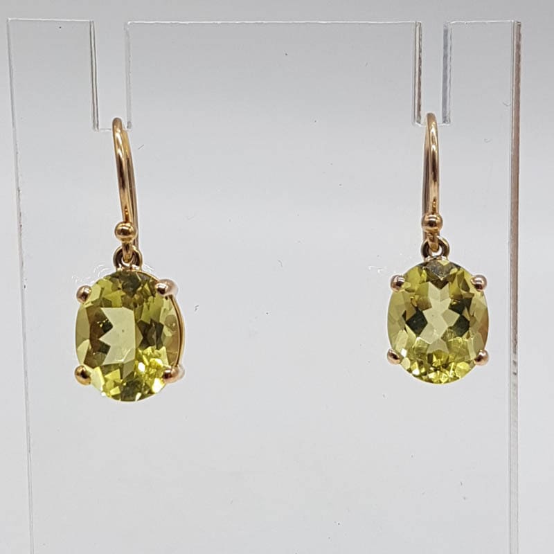 9ct Yellow Gold Oval Lemon Quartz / Citrine Claw Set Drop Earrings