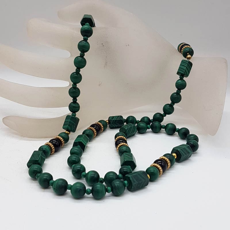 Long Malachite Bead Necklace / Chain with Barrel and Round Ball Shaped Beads