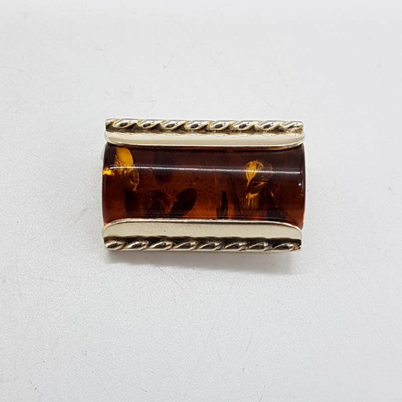 Sterling Silver Rectangular Amber Brooch with Patterned Rim - Vintage