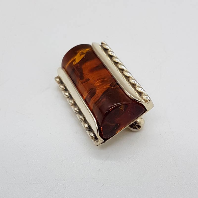 Sterling Silver Rectangular Amber Brooch with Patterned Rim - Vintage
