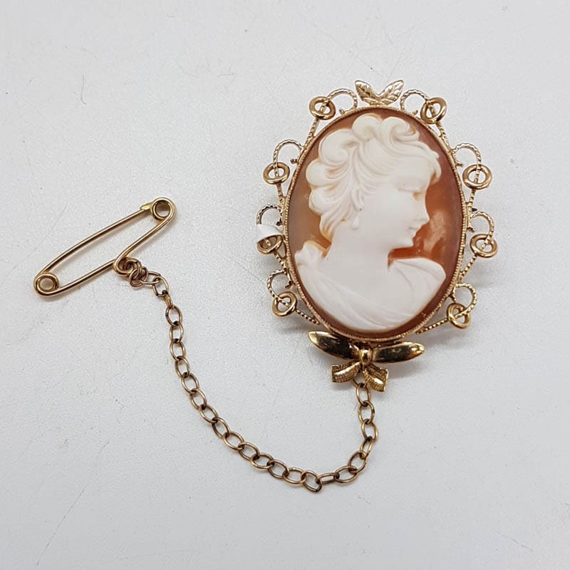 9ct Yellow Gold Oval Ornate Rimmed Ladies Head Cameo Brooch - Antique / Vintage