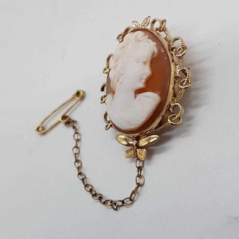 9ct Yellow Gold Oval Ornate Rimmed Ladies Head Cameo Brooch - Antique / Vintage