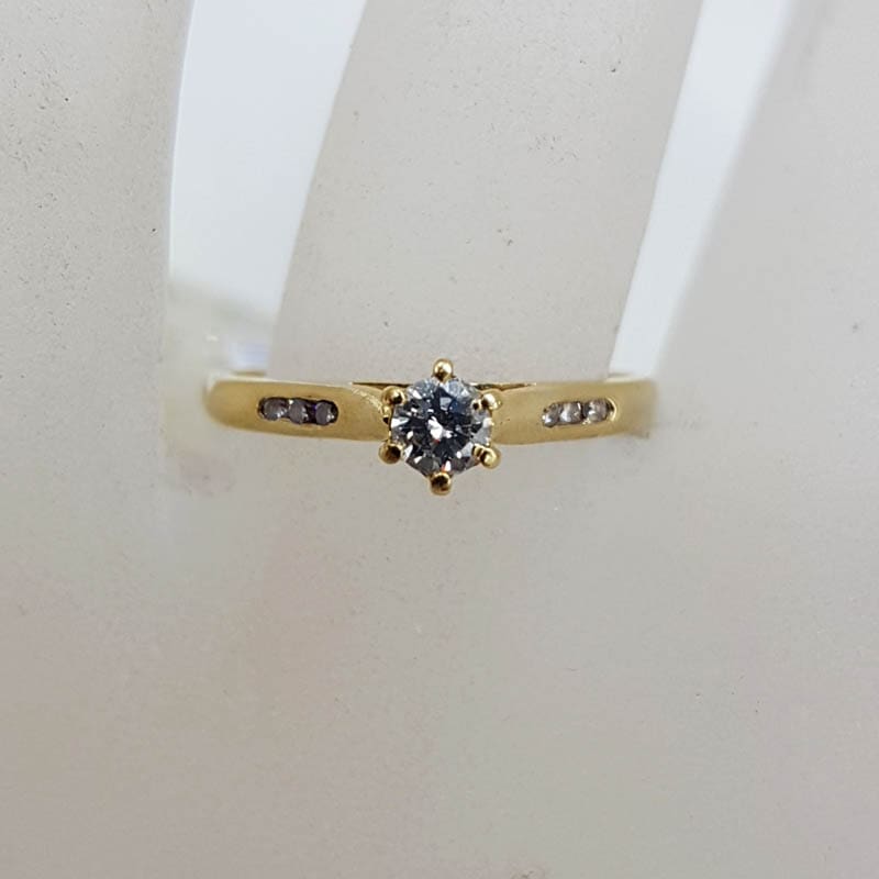 18ct Yellow Gold Diamond Claw Set High Solitaire Ring with Diamonds on the side - Engagement Ring