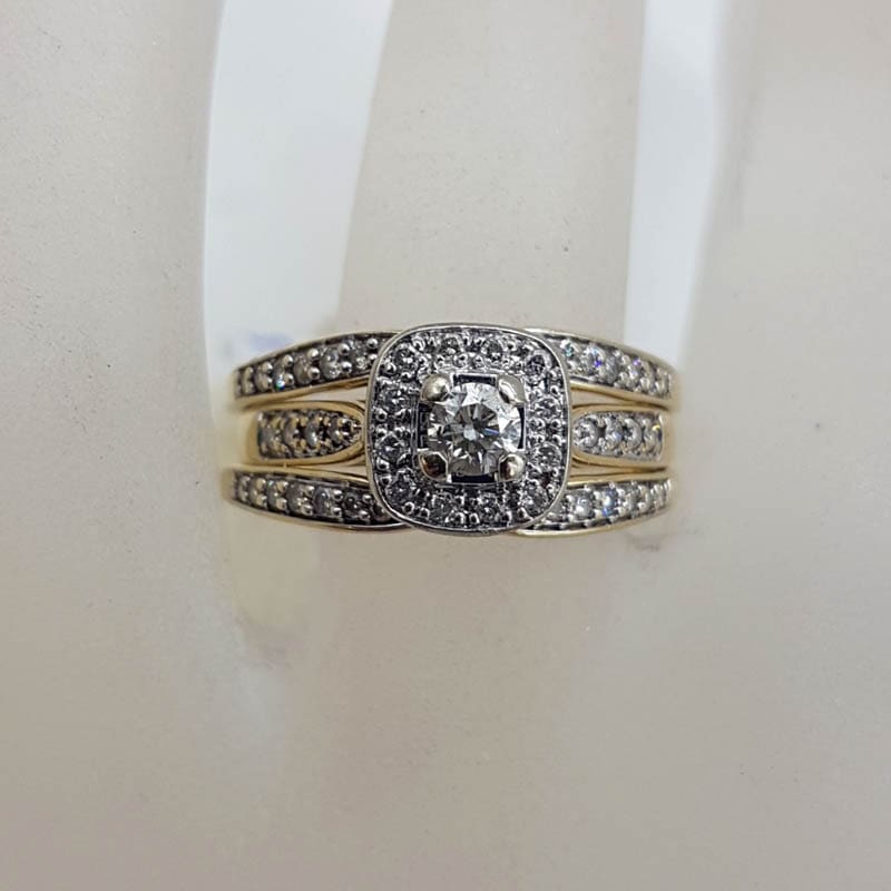 9ct Yellow Gold Square Diamond Cluster Ring with Diamonds Enhancer Engagement Ring Wedding Ring Set