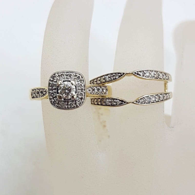 9ct Yellow Gold Square Diamond Cluster Ring with Diamonds Enhancer Engagement Ring Wedding Ring Set