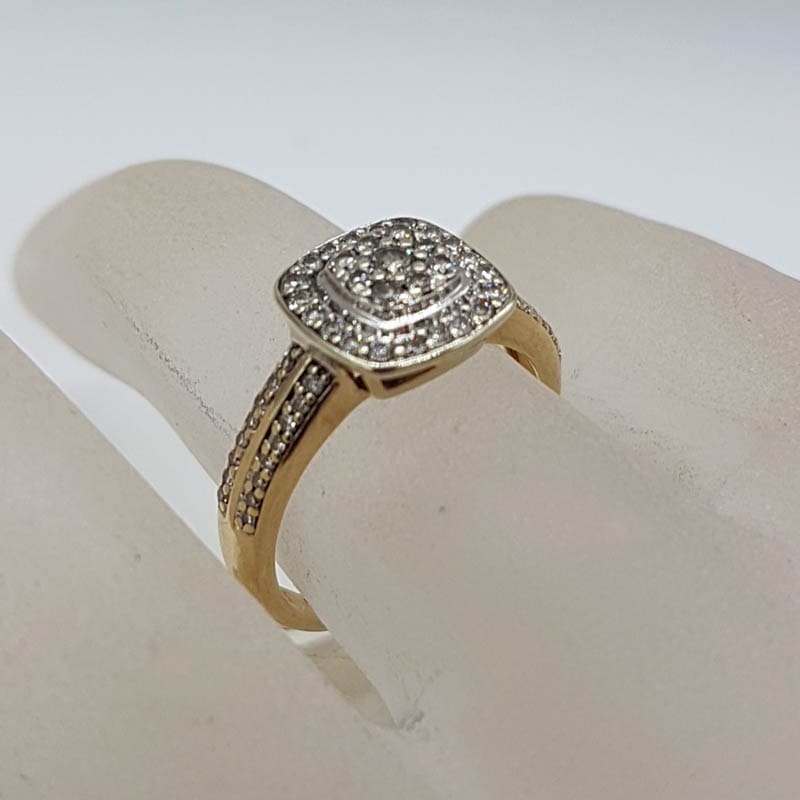 9ct Yellow Gold Square Diamond Cluster Ring with Diamonds along Shoulder - Engagement Ring / Dress Ring