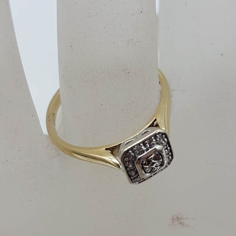 9ct Yellow Gold and White Gold Square Diamond Cluster Ring - Engagement Ring / Dress Ring