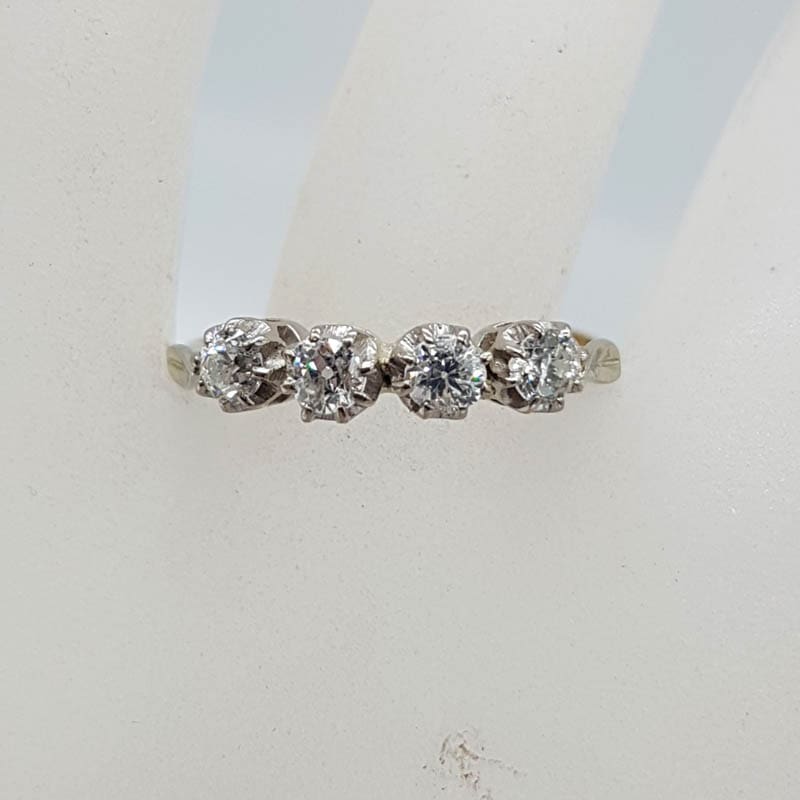 18ct Yellow Gold with Platinum Four Diamonds Claw Set Ring - Antique / Vintage - Engagement Ring, Wedding Ring, Eternity Ring, Stackable Ring, Dress Ring