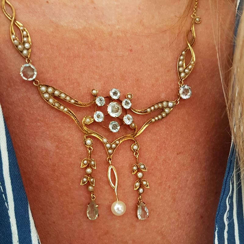 15ct Yellow Gold Aquamarine and Seed Pearl Ornate Lavalier Ornate Drop Necklace / Chain - Antique / Vintage