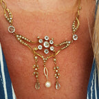 15ct Yellow Gold Aquamarine and Seed Pearl Ornate Lavalier Ornate Drop Necklace / Chain - Antique / Vintage