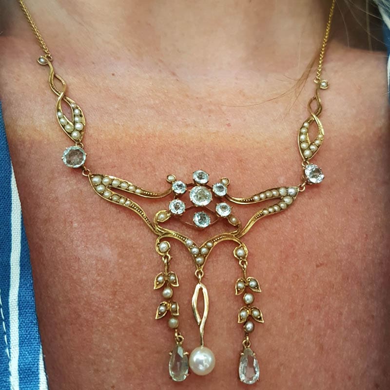 15ct Yellow Gold Aquamarine and Seed Pearl Ornate Lavalier Ornate Drop Necklace / Chain - Antique / Vintage