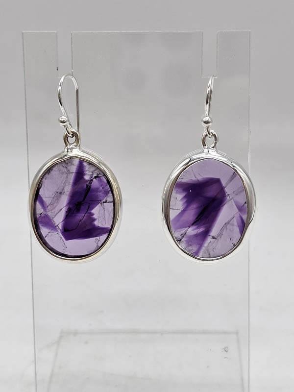 Sterling Silver Trapiche Amethyst Oval Bezel Set Drop Earrings