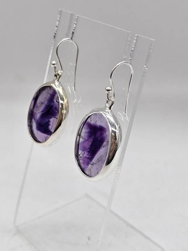 Sterling Silver Trapiche Amethyst Oval Bezel Set Drop Earrings
