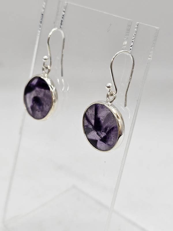 Sterling Silver Round Trapiche Amethyst Bezel Set Drop Earrings