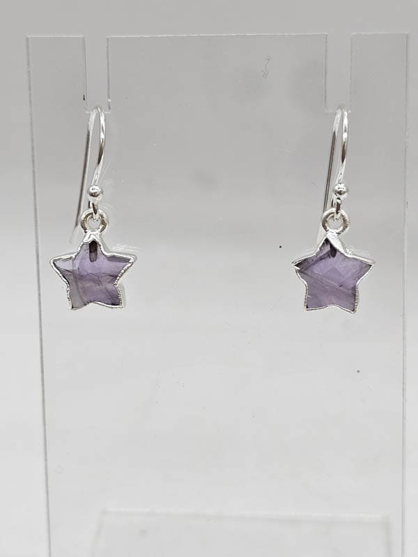 Sterling Silver Amethyst Carved Star Bezel Set Drop Earrings