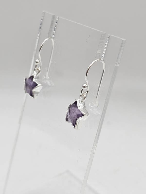 Sterling Silver Amethyst Carved Star Bezel Set Drop Earrings