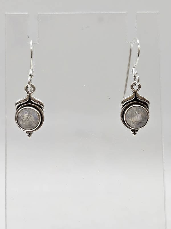 Sterling Silver Moonstone Round Bezel Set Drop Earrings