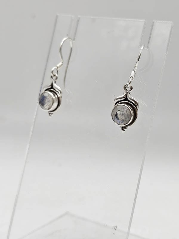 Sterling Silver Moonstone Round Bezel Set Drop Earrings