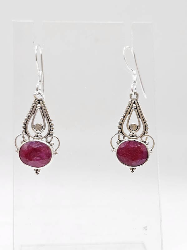 Sterling Silver Ruby Oval Ornate Filigree Drop Earrings