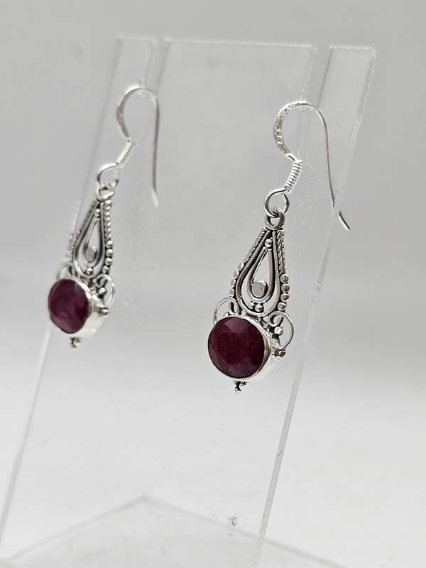 Sterling Silver Ruby Oval Ornate Filigree Drop Earrings