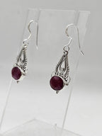 Sterling Silver Ruby Oval Ornate Filigree Drop Earrings