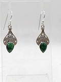 Sterling Silver Emerald Teardrop / Pear Shaped Ornate Bezel Set Drop Earrings