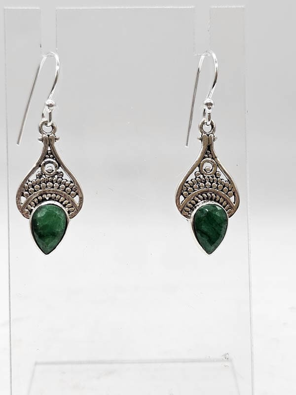 Sterling Silver Emerald Teardrop / Pear Shaped Ornate Bezel Set Drop Earrings