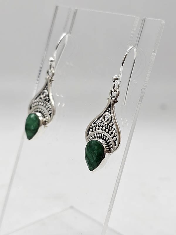 Sterling Silver Emerald Teardrop / Pear Shaped Ornate Bezel Set Drop Earrings