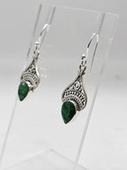 Sterling Silver Emerald Teardrop / Pear Shaped Ornate Bezel Set Drop Earrings