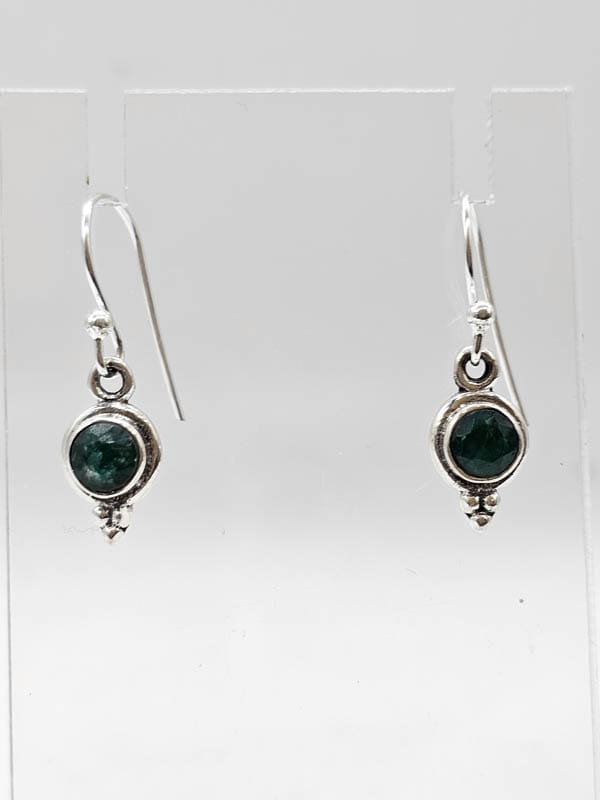 Sterling Silver Emerald Dainty Round Bezel Set Drop Earrings