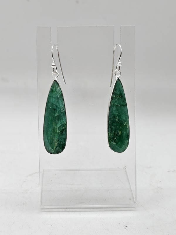 Sterling Silver Emerald Teardrop / Pear Shaped Long Bezel Set Drop Earrings