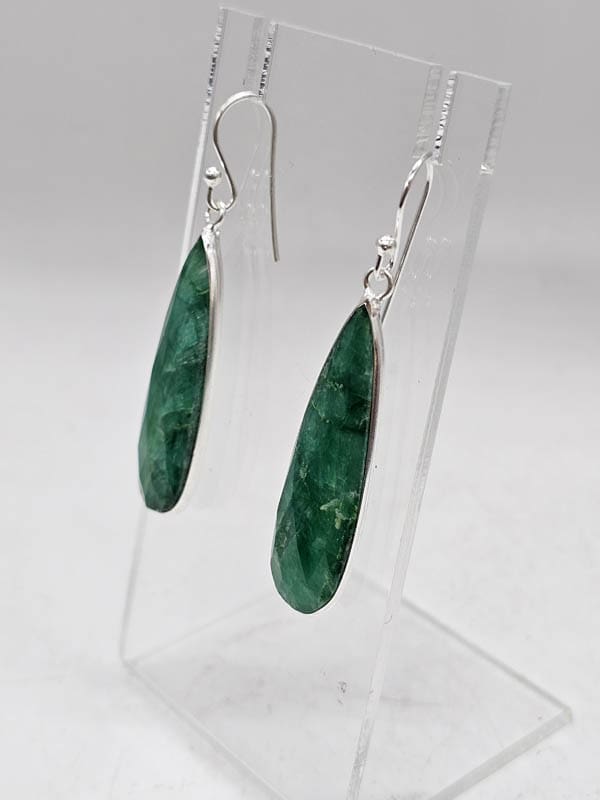 Sterling Silver Emerald Teardrop / Pear Shaped Long Bezel Set Drop Earrings