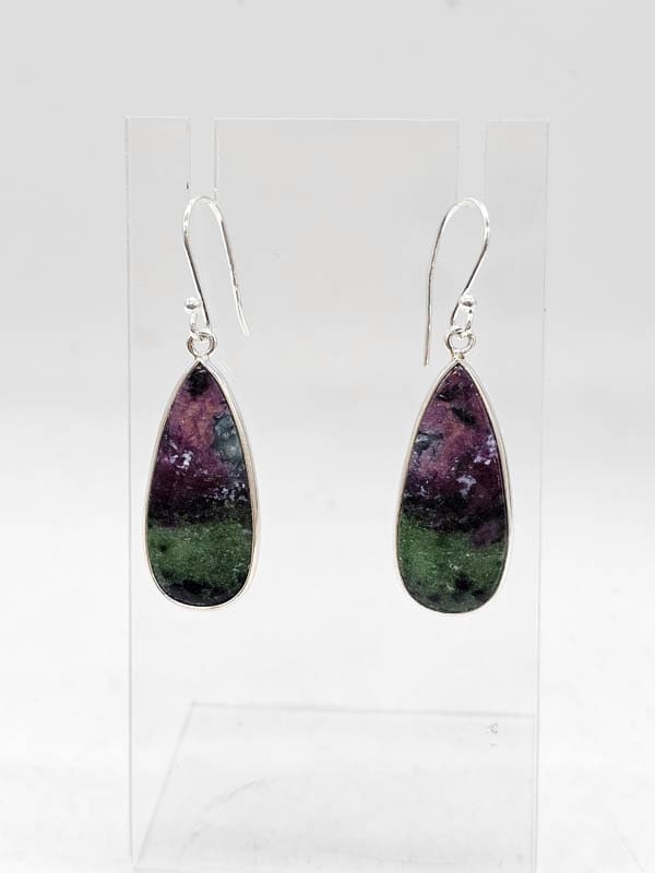 Sterling Silver Ruby Zoisite Teardrop / Pear Shaped Bezel Set Drop Earrings
