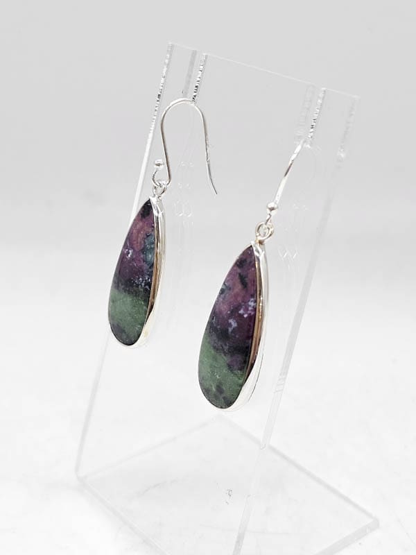 Sterling Silver Ruby Zoisite Teardrop / Pear Shaped Bezel Set Drop Earrings